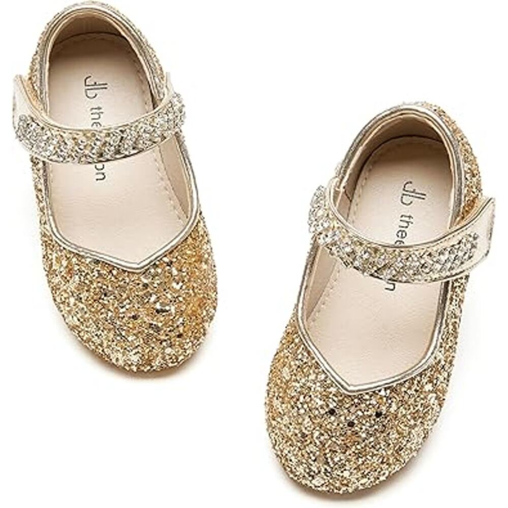 Thee Bron Toddler Girls Size 7 Gold Sequin Hook Loop Mary Jane Dress Up Shoes
